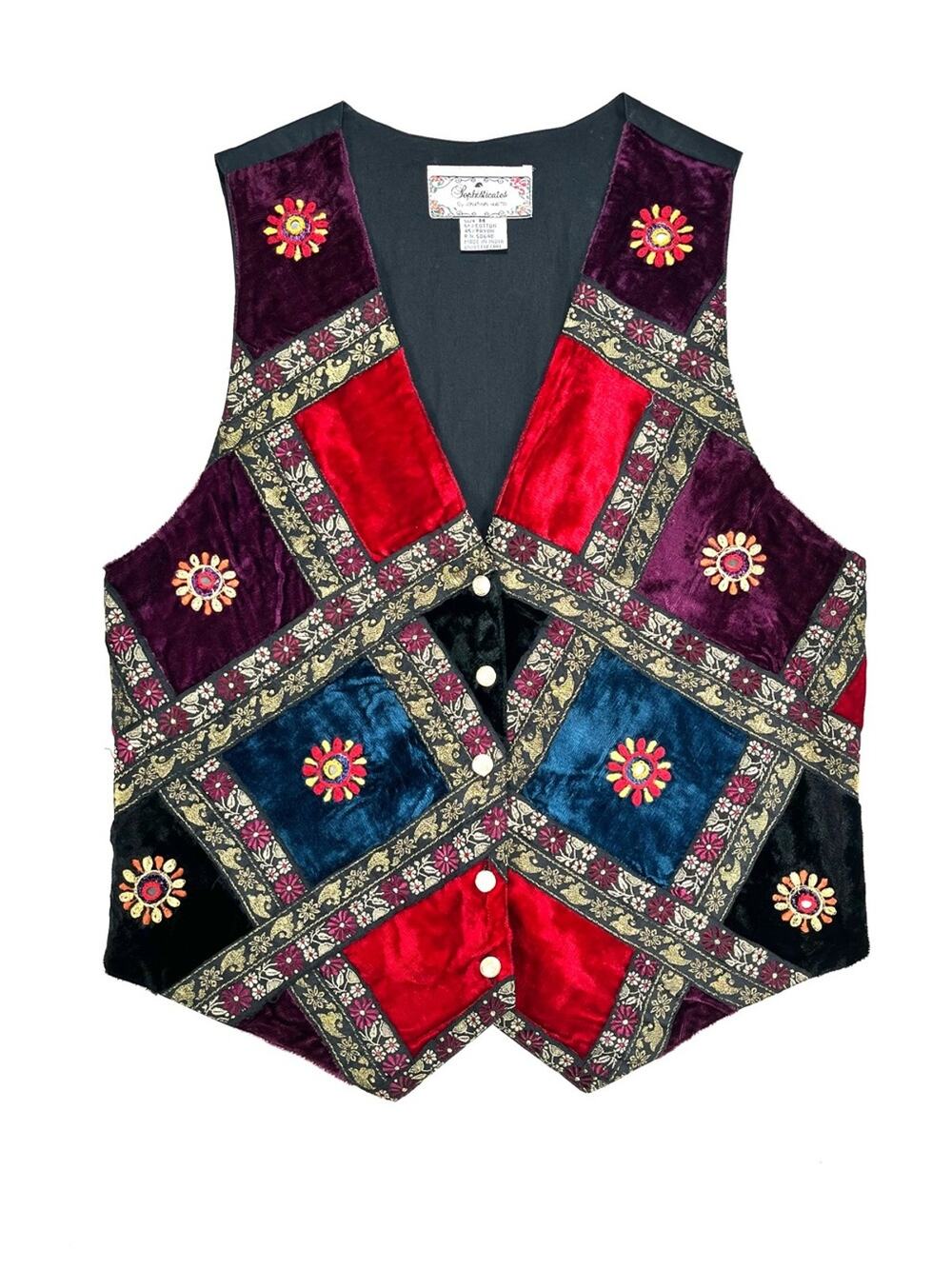 Vintage 1990s Velvet Patchwork Vest Embroidered Button-Up Medium Jewel Tones